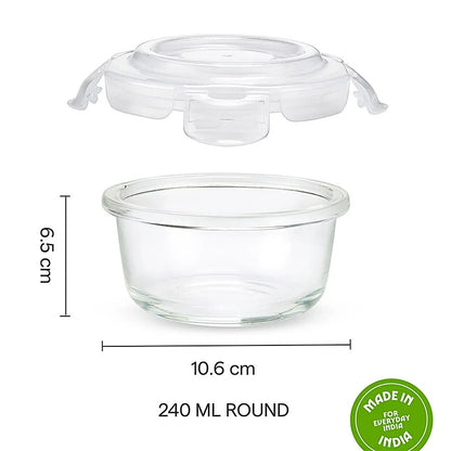 Borosil Larah Everyday Klip N Store Round Glass Container 240ml