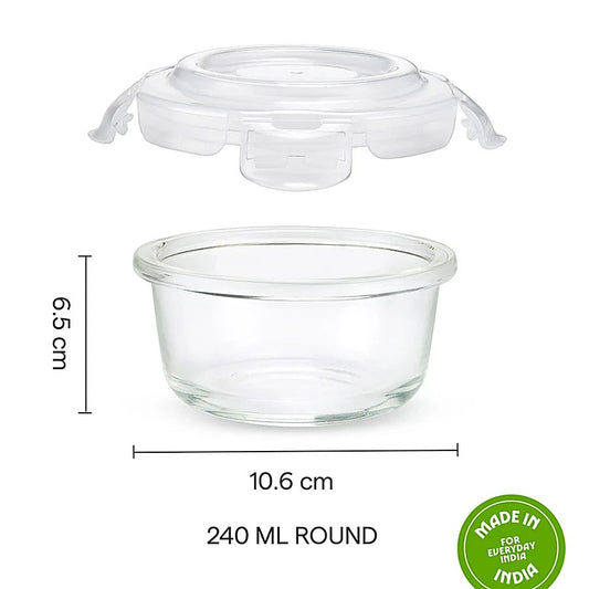Borosil Larah Everyday Klip N Store Round Glass Container 240ml