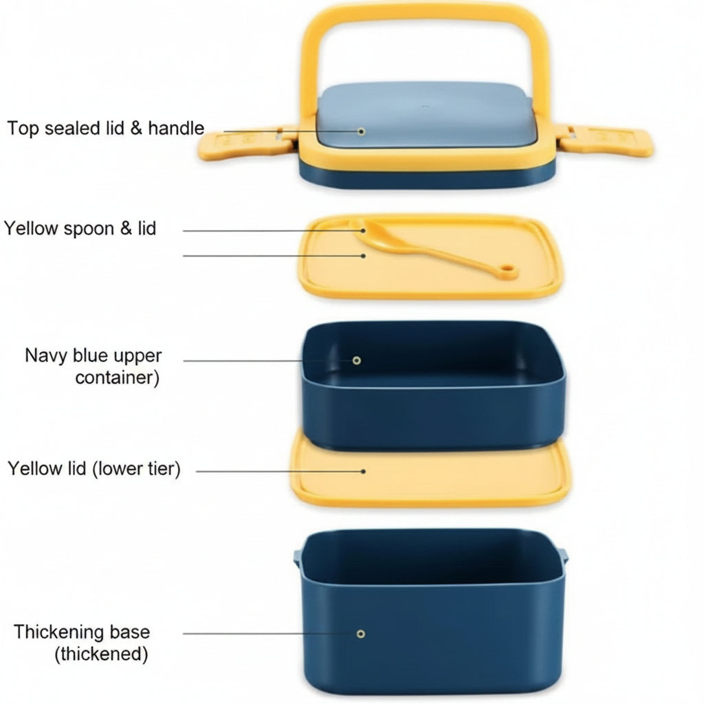 Kuber Industries 2-Square Container Plastic Lunch Box | 1000ml | Unbreakable | Handle