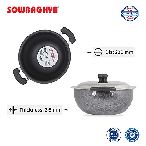 Sowbaghya Aluminium Non Stick Deep Kadai with Stainless Steel Lid (2 LTR, Grey)