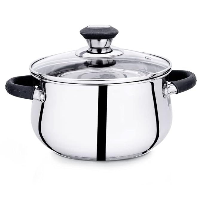 Praylady Stainless Steel Stock Pot with Glass Lid Ecstasy Series 3 Ply Base Stock Pot Size 18 cm Capacity