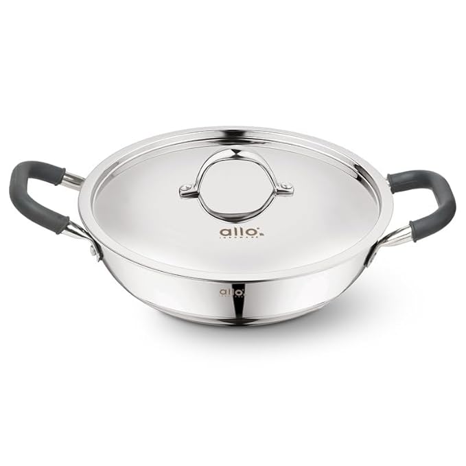 Allo Triply Stainless Steel Kadhai with Handles Perfect Kadhai for Curry 22cm 2 litres Non-Stick with Lid