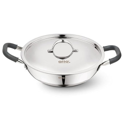Allo Triply Stainless Steel Kadhai with Handles Perfect Kadhai for Curry 22cm 2 litres Non-Stick with Lid