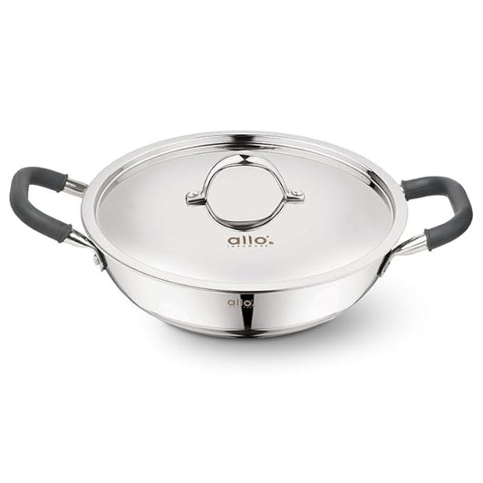 Allo Triply Stainless Steel Kadhai with Handles Perfect Kadhai for Curry 22cm 2 litres Non-Stick with Lid
