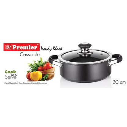 Premier Hard Anodised Trendy Black Casserole Cook&Serve with Glass Lid 20cm Code-109040 - 1098 gms