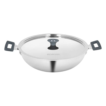 Borosil Cookfresh Tri-ply Stainless Steel Kadhai With Lid | Induction Friendly | 4 Litres | 28 Cm