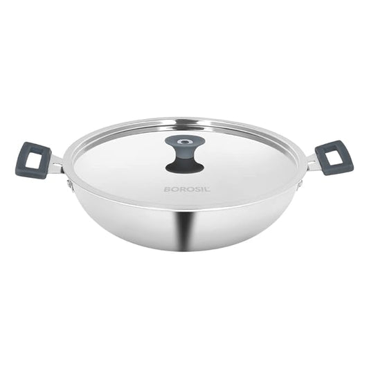 Borosil Cookfresh Tri-ply Stainless Steel Kadhai With Lid | Induction Friendly | 4 Litres | 28 Cm