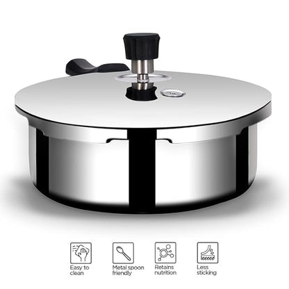 Arttdinox Stellar Stainless Steel Triply Mirror Finish Pressure Cooker With Gasket | Rivetless Handle | Induction & Gas Base | 3.5 Liters