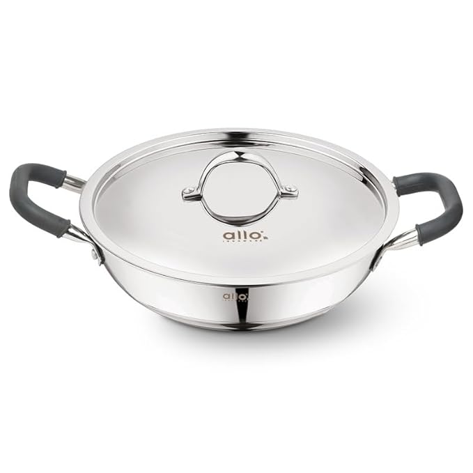 Allo Triply Stainless Steel Kadhai with Handles Perfect Kadhai for Curry Non-Stick with Lid 24cm 2.7 litres