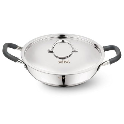 Allo Triply Stainless Steel Kadhai with Handles Perfect Kadhai for Curry 26cm 3 litres Non-Stick with Lid