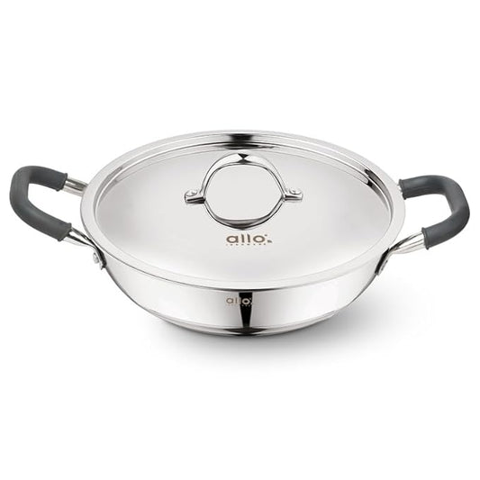 Allo Triply Stainless Steel Kadhai with Handles Perfect Kadhai for Curry 28cm 4 litres Non-Stick with Lid