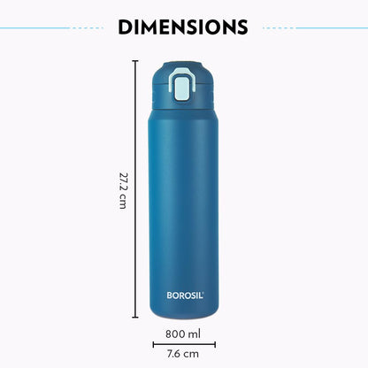 Borosil Aquasport 800 Ml Stainless Steel Insulated Water Bottle | Double Wall Vaccum Insulated, Flask | 10 Hours Hot & Cold | Blue
