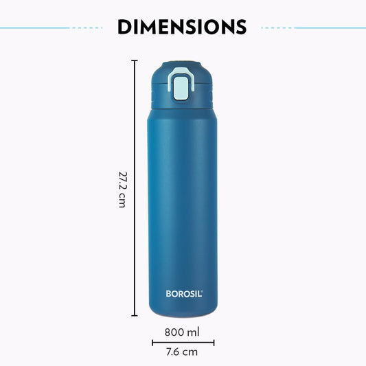 Borosil Aquasport 800 Ml Stainless Steel Insulated Water Bottle | Double Wall Vaccum Insulated, Flask | 10 Hours Hot & Cold | Blue