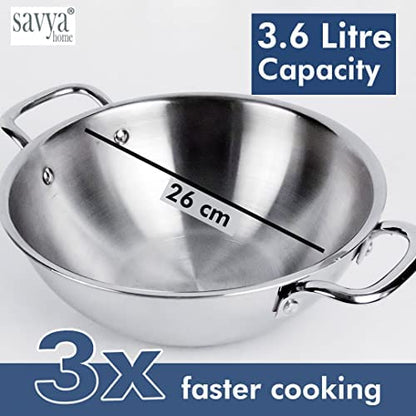 Savya Home Triply Stainless Steel Kadai With Lid 26 Cm Diameter 3.6 L Capacity