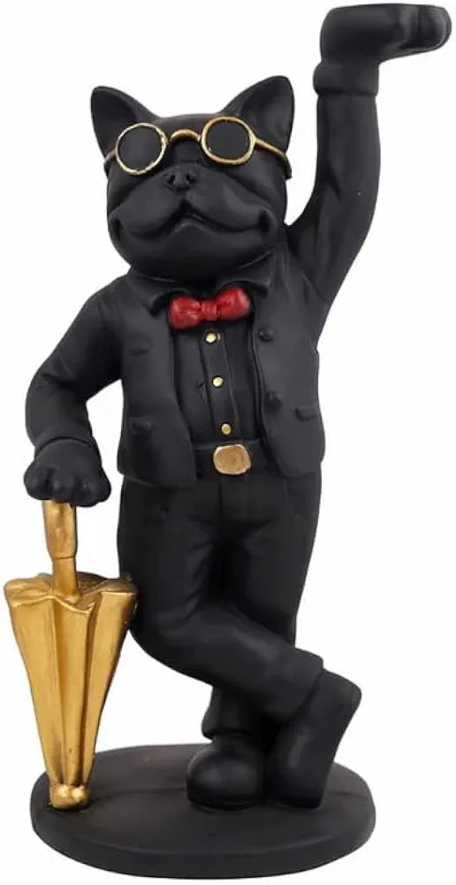 Premium French Bulldog Butler Statue with Golden Serving Tray & Umbrella, Resin Dog Figurine for Home Decor, Entryway Key Holder & Living Room Centerpiece 