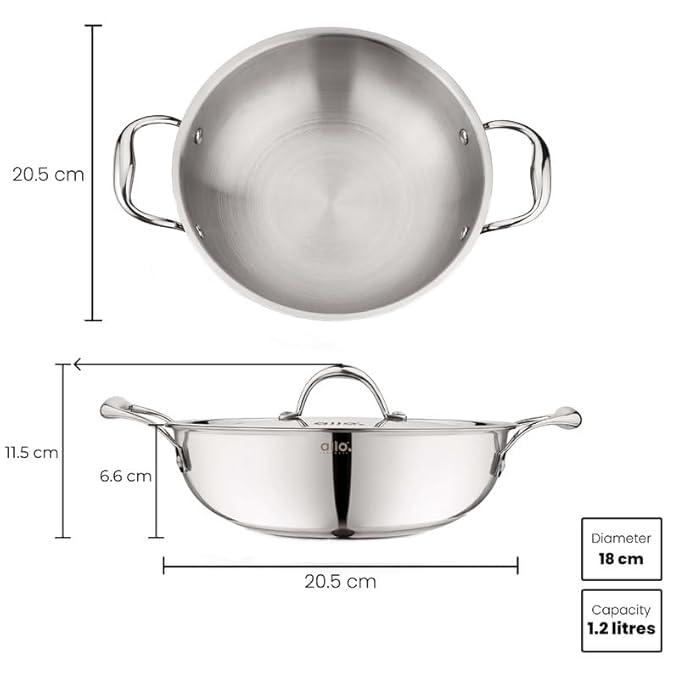 Allo Triply Stainless Steel Kadhai with Handles Perfect Kadhai for Curry 18cm 1.2 litres Non-Stick with Lid