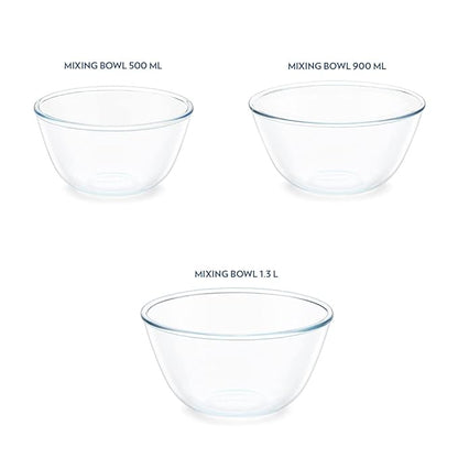 Borosil Select Serving & Mixing Bowl | Set of 3 (500ml + 900ml + 1.3L) | Borosilicate Glass Bowl for Kitchen & Dinning