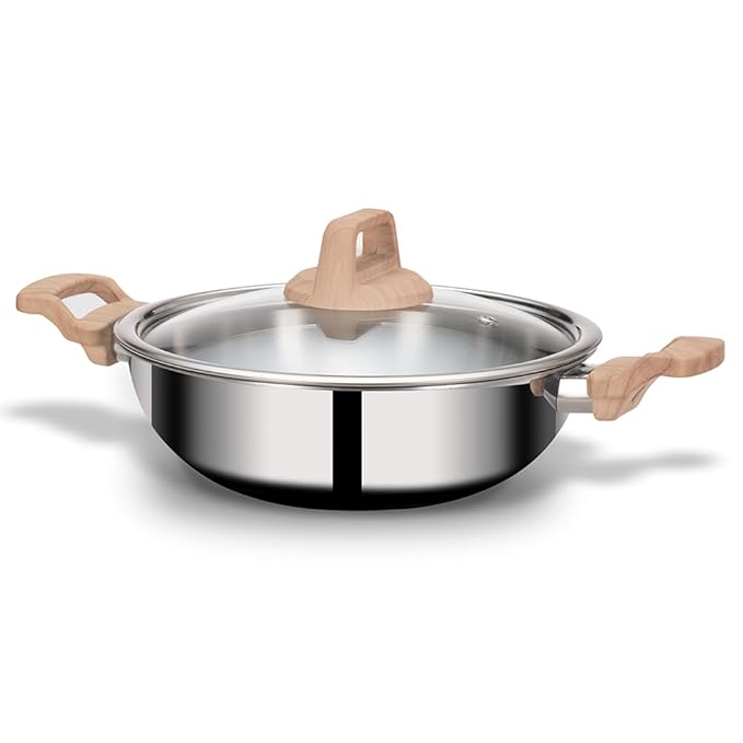 Arttdinox Timber Triply Stainless Steel Kadai | Triply Kadhai With Lid | 24cm | 2.7 Ltr | Jindal Stainless | Silver