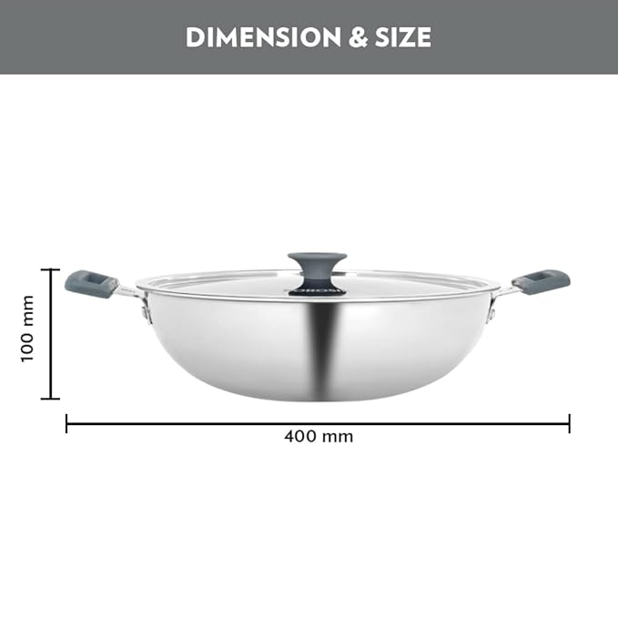 Borosil Cookfresh Tri-ply Stainless Steel Kadhai With Lid | Induction Friendly | 4 Litres | 28 Cm