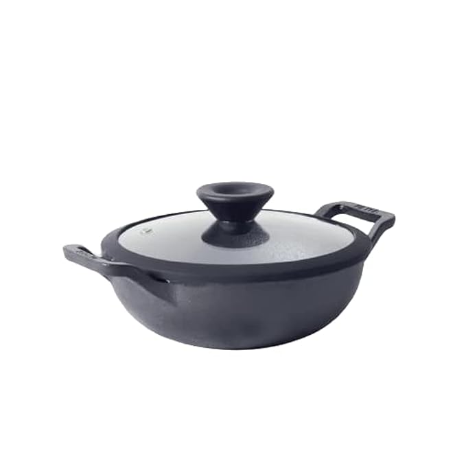 Meyer Pre Seasoned Cast Iron Kadai | Iron Kadhai with Lid 26cm/ 3 Liters Black
