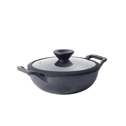 Meyer Pre Seasoned Cast Iron Kadai | Iron Kadhai with Lid 24cm/ 2 Liters Black