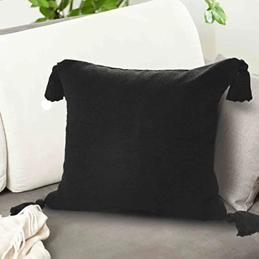 Sashaa World 100% Cotton Cushion Covers Colour Black With Tassels/decorative Throw Pillow( Set Of 2)