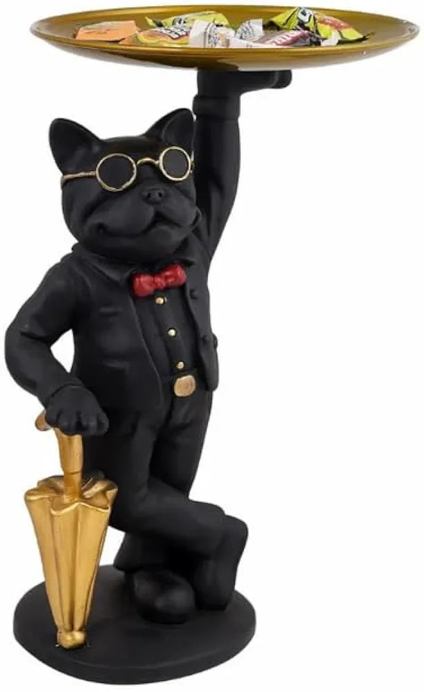 Premium French Bulldog Butler Statue with Golden Serving Tray & Umbrella, Resin Dog Figurine for Home Decor, Entryway Key Holder & Living Room Centerpiece 