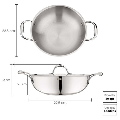 Allo Triply Stainless Steel Kadhai with Handles Perfect Kadhai for Curry 20cm 1.5 litres 20cm 1.5 litres