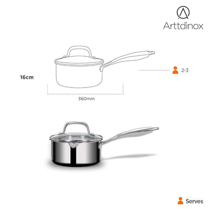 Arttdinox Stellar Stainless Steel Triply Sauce pan with Straining Glass Lid Milk Pan 16cm 1.5Ltr