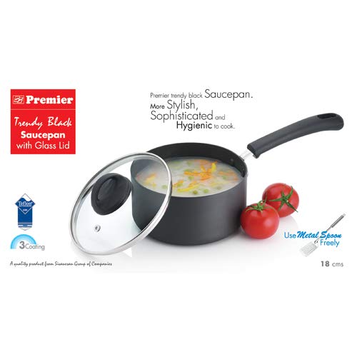 Premier Trendy Black Non-Stick Sauce Pan with Glass Lid 18cm - 874 gms