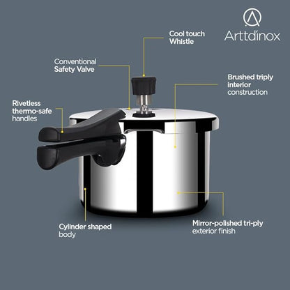 Arttdinox Stellar Stainless Steel Triply 3 Ltr Mirror Finish Pressure Cooker With Gasket