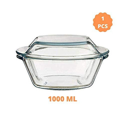 Femora Borosilicate Serving Bowl | Glass Casserole Set, Glass Bowl With Lid, Microwave Safe Bowl Set | 1000 Ml