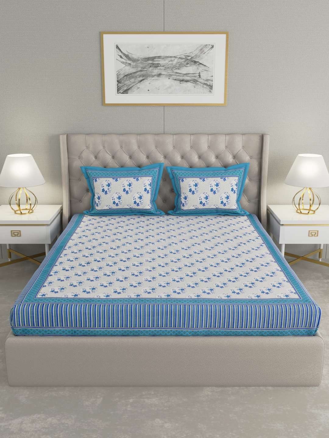 100% Pure Cotton Traditional Printed Bedsheet for Double Bed King Size Bedsheet with 2 Pillow Covers