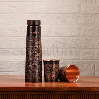 Artarium Antique Etching Copper Bottle with Copper Cups Set