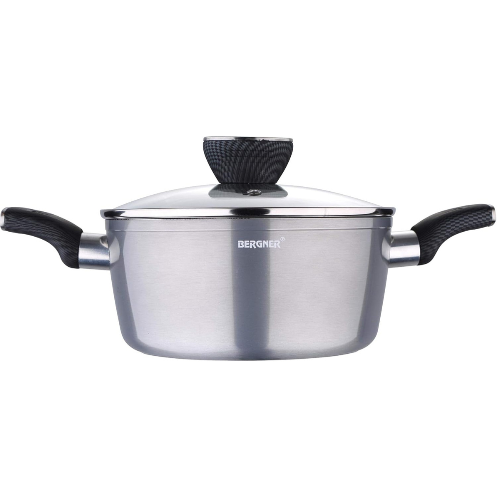 Bergner Carbon TT Forged Aluminium Non-stick Casserole With Glass Lid & Induction Base | 20 Cm, 2.6 Liters, Metallic Grey |