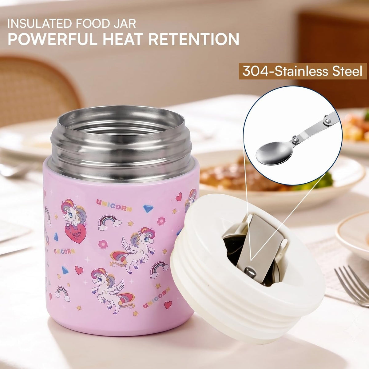 House of Quirk 304 Stainless Steel Baby Feeding Bowl with Spoon - (Pink Unicorn)