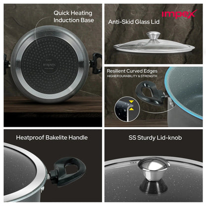 Impex IBP8 8L Non-Stick Biryani Pot with RIB Granite Coating Induction Friendly Aluminium