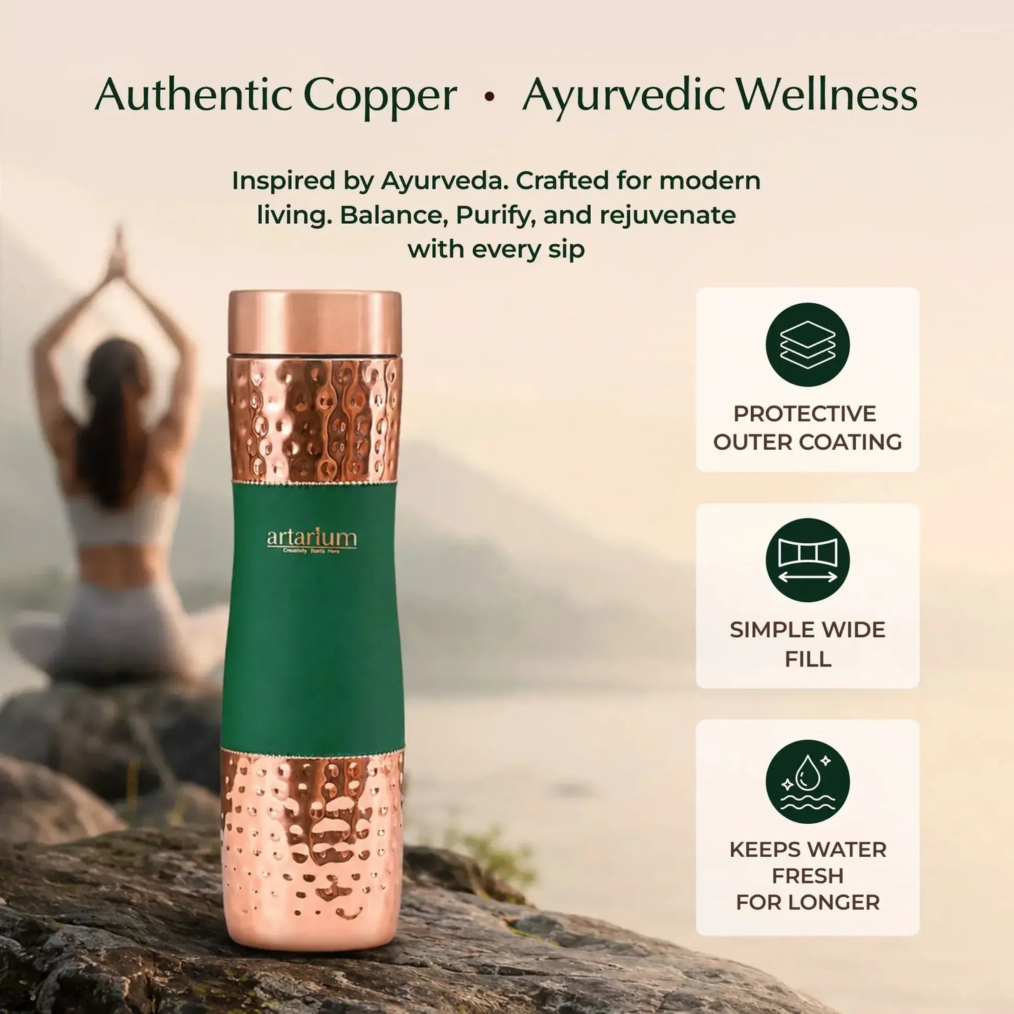 Artarium Eco-Friendly Copper Water Bottle 1L Plain Finish