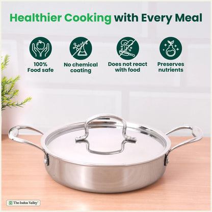 The Indus Valley Tri-Ply Stainless Steel Saute Pan 22cm 2L with Steel Lid