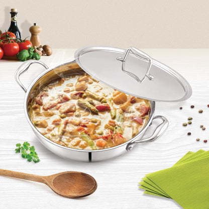 Cello Tri-Ply Stainless Steel Kadhai with Glass Lid Induction Compatible - 30CM-6L