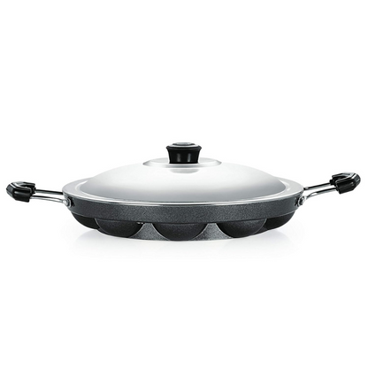 Nirlon Non-stick Aluminium 12 Cavity Appam Paniyarakkal | Ponganal Maker | Paddu Tawa With 2 Side Handle and Stainless Steel Lid