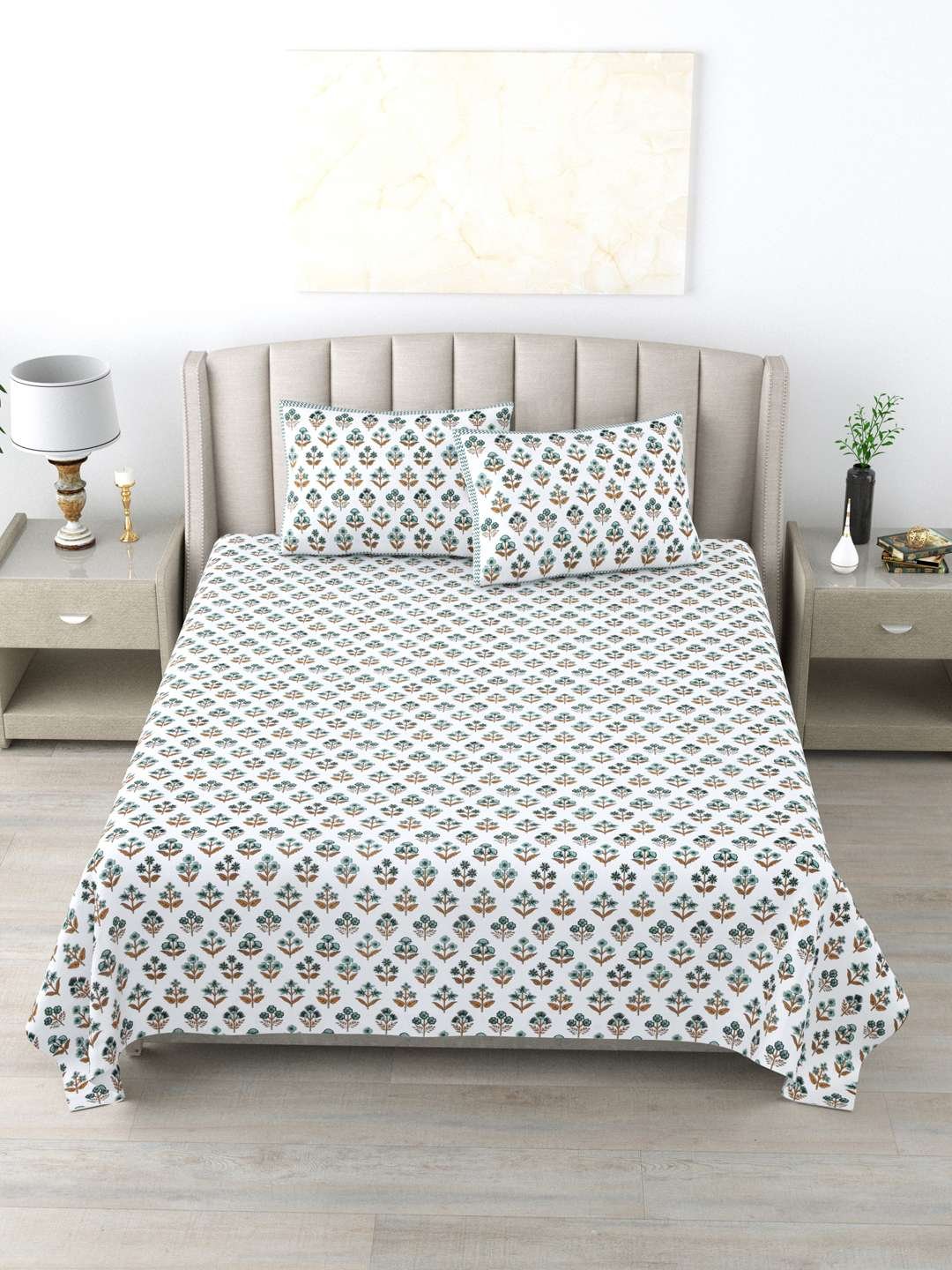 100% Pure Cotton Traditional Printed Bedsheet for Double Bed King Size Bedsheet with 2 Pillow Covers