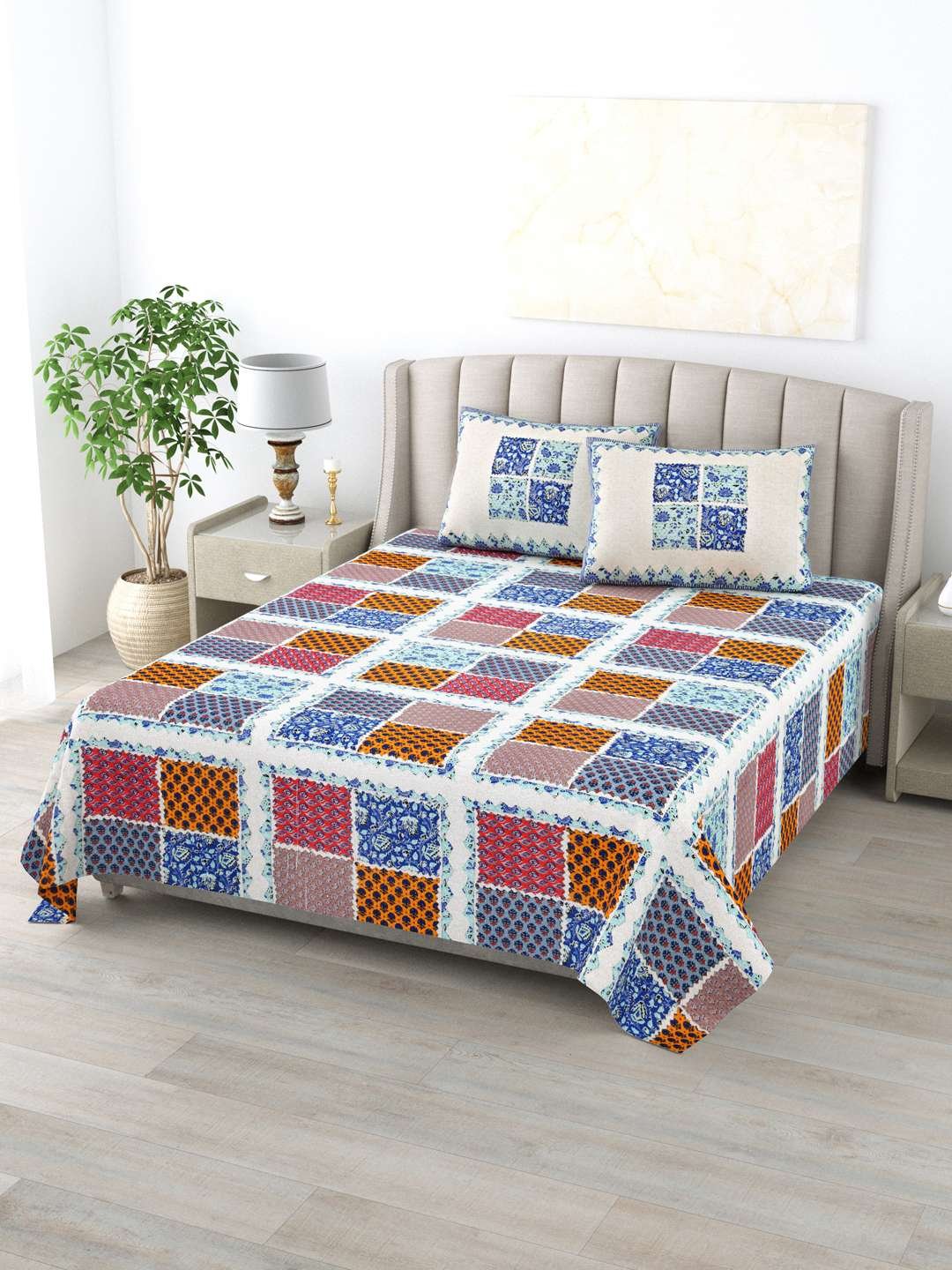 100% Pure Cotton Traditional Printed Bedsheet for Double Bed King Size Bedsheet with 2 Pillow Covers