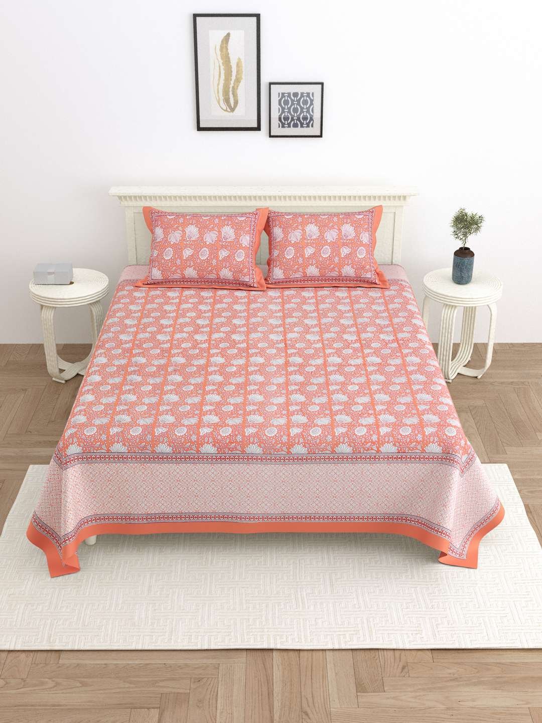 100% Pure Cotton Traditional Printed Bedsheet for Double Bed King Size Bedsheet with 2 Pillow Covers