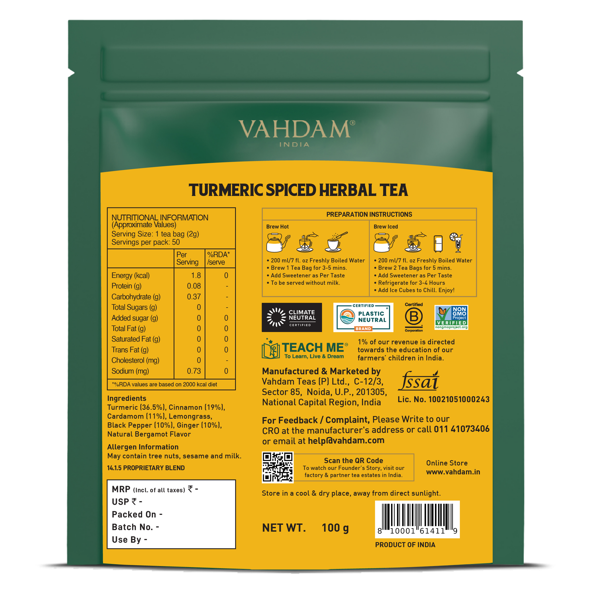 Turmeric Ginger Herbal Tea Tisane, 50 Count