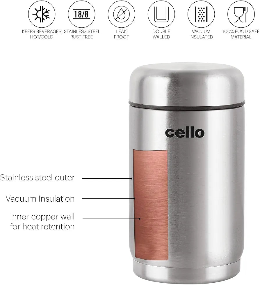 Cello Supee Vacuum Insulated Flask 600ml, Silver | Double Walled | Keeps Food Hot & Cold for Long Hours | Thermos with Airtight Screw Lid | Leakproof Soup Jar Thermos for Office, College & Travelling