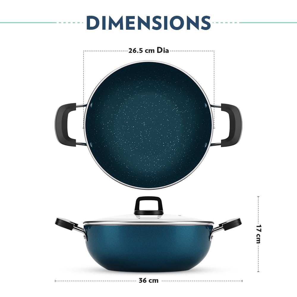 Borosil Prochef Non-stick Aluminum Kadhai With Lid 26 Cm | Gas Stove Compatible | Thick Uniform Body for Even Heating | Dishwasher Safe
