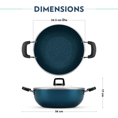 Borosil Prochef Non-stick Aluminum Kadhai With Lid 26 Cm | Gas Stove Compatible | Thick Uniform Body for Even Heating | Dishwasher Safe