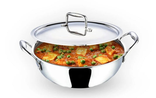 Kuber Industries Stainless Steel Tri-Ply Kadhai 2.2L with Lid + Casserole 2L Induction Base Extra Deep