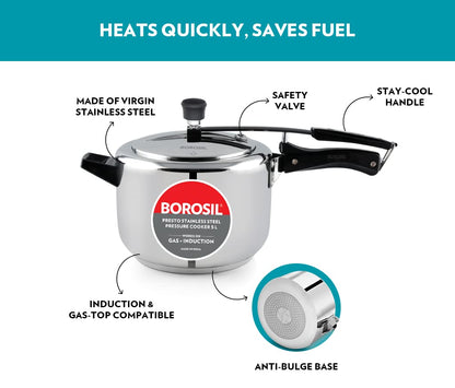 Borosil Presto Induction Base Stainless Steel Inner Lid Pressure Cooker | 5 Litres